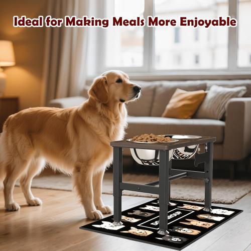 SHAINFUN Elevated Dog Bowls with Slow Feeder & Mat for Medium and Large Dogs, 12 Tall Adjustable Wooden & Metal Raised Dog Bowl Stand, 2 Stainless Steel 58oz Bowls for Food & Water