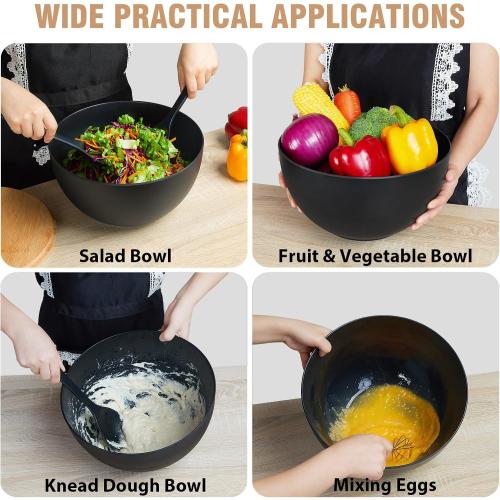 12.6 Extra Large Salad Serving Bowl Set with Wooden Lid&Utensils, 8.4Qt., Bamboo Fiber Salad Bowl with Servers for Kitchen, Big Bowl for Mixing Salad,Fruit,Pasta (Matte Black)