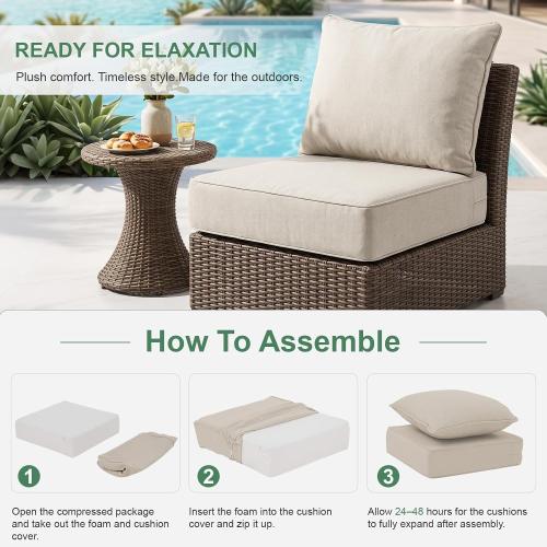 Outdoor Chair Cushions 24 x 24 x 6 Inch, 100% Olefin Patio Furniture Cushions, Water & Fade Resistant Deep Seat Replacement Set with 30D Foam and 7 Inch Back Pillow, Set of 2, Beige