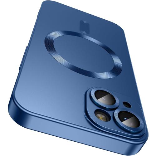 LEKEVO Magnetic for iPhone 14 Plus Case [Compatible with MagSafe][Built-in Camera Lens Protector] Slim Soft Silicone Bumper Shockproof Metallic Luster Phone Case (Blue)