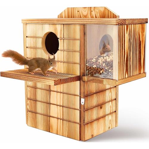 2in1 Large Squirrel Family House with Feeder and Predator Guard for Outside with Multi Platform Wooden Squirrel Nesting Box for Breeding Living, Year-Round Shelter and Nesting Place
