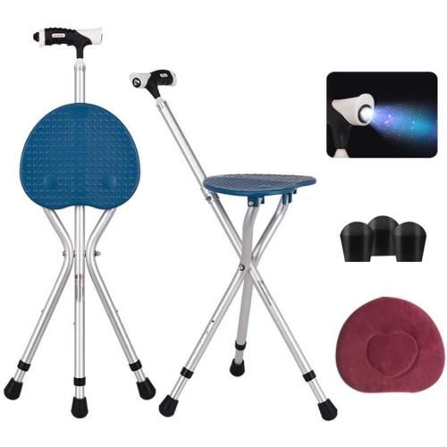 Folding Cane Seat Combo 400 lbs Capacity Portable Cane Stool Handy Folding Crutch Chair Seat 3 Legs Height Adjustable Heavy Duty Thick Aluminum Walking Stick Tall Unisex for Elderly Travelon Blue