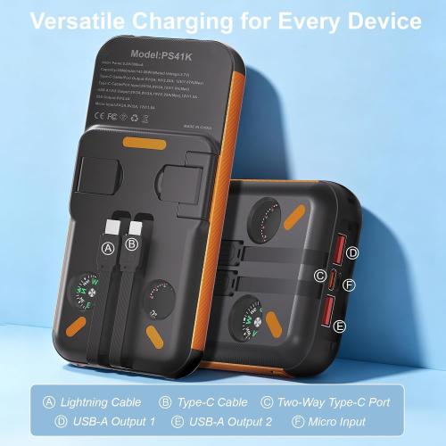 Power Bank Solar Charger 38800mAh with Built-in Cable, 22.5W Fast Charging