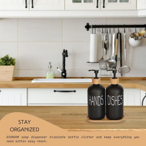 Glass Soap Dispenser Set. Hand and Dish with Bamboo Tray. Vintage Pump for Kitchen Drain Outlet Bathroom. Stylish Permanent Labels (Matte Black)