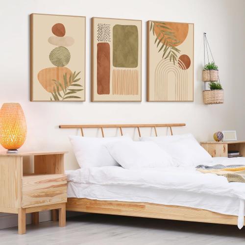 LHIUEM Boho Abstract Sage Framed Canvas Wall Art,Bohemian Neutral Wall Decor,Mid Century Beige Painting,Natural Minimalist Line Artwork for Living Room,Bedroom,Dining Room -16x24x3