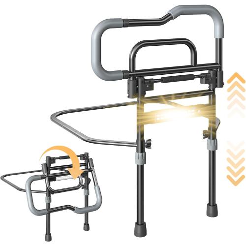 Bed Rails for Elderly Adults Safety, Foldable Bed Assist Rails for Seniors with Sensor Light & Storage Pocket, Adjustable Height, 180° One-Hand Folding Bed Side Rails Fit King Queen Full Twin