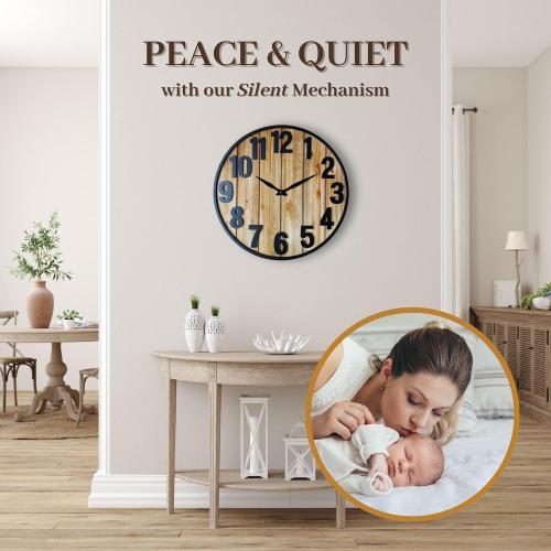 Montoire 24 Inch Wooden Farmhouse Wall Clock Large, Extra Large for Living Room Decor - Big Oversized Rustic Round Decorative Clocks for Walls, Battery Operated