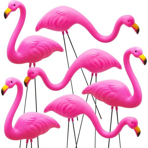 JOYIN Set of 6 Small Pink Flamingo Yard Ornament Stakes, 17 Plastic Flamingo Lawn Statues with Metal Legs for Sidewalks, Outdoor Garden Decor, Luau & Pool Party Decorations, 2 Styles