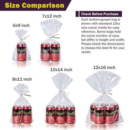 Wowfit 8x11 Clear Treat Bags, Bottom Gusset, 50 CT, 6 Gold Ties
