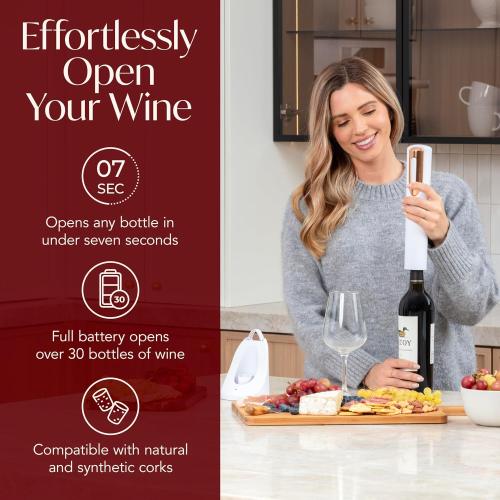 Rechargeable Electric Wine Bottle Opener - Charging Base and Foil Cutter Included with Automatic Wine Opener - Electric Corkscrew for Easy Cork Removal - Best Gift for Wine Lover (White & Rose Gold)