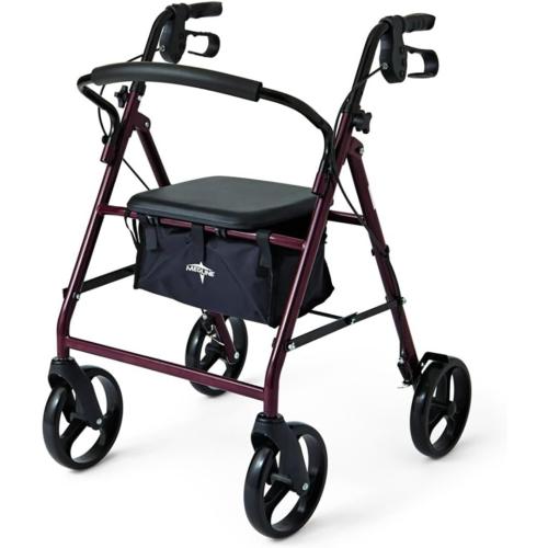 Medline Steel Rollator Walker for Adult Mobility Impairment, Burgundy, 350 lb. Weight Capacity, 8” Wheels, Foldable, Adjustable Handles, Rolling Walker for Seniors