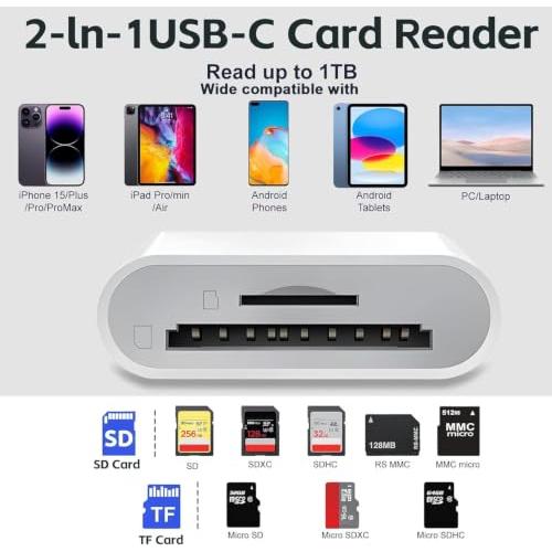 USB C SD Card Reader, Type C SD Card Reader, Supports SD and MicroSD Memory Card Adapters for iPhone 15 16/iPad/MacBook/Mac, Trail Camera Viewer Plug and Play -2 Slots