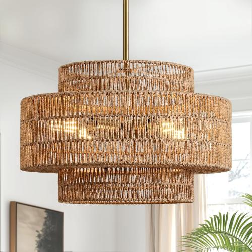 17.7 Rattan Chandelier for Dining Room, Large Boho Pendant Light | 4-Light, Hand Woven, No Assembly, Gold Hardware, Farmhouse Coastal Wicker Light Fixture Kitchen Living Room Bedroom Foyer