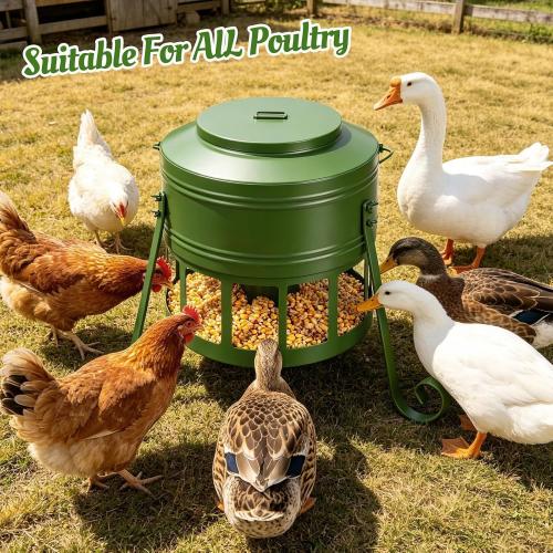 Chicken Feeder No Waste for Coop & Outdoors, 12 Port 20lbs Heavy Duty Metal Chicken Feeder, Poultry Feeder for Backyard Chickens, Smooth Edges for Safe Feeding (Green)
