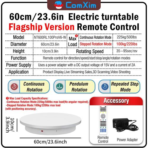 23.6In Remote Large Motorized electric turntable Rotating platform Photography Turntable Motorized lazy susan Base giratoria para for Photography,3D Scanner,Heavy duty display(Load Range:220~500lbs)