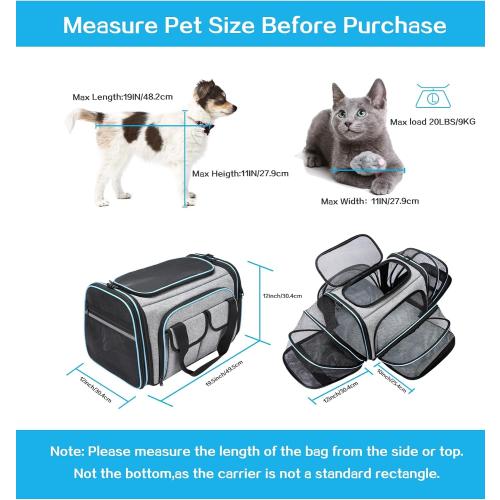 Size 19.5L x 12W x 12H Airline Approved Pet Carrier, Large Soft Sided Pet Travel TSA Carrier 4 Sides Expandable Cat Collapsible Carriers with Removable Fleece Pad and Pockets for Cats Dogs and Small Animals