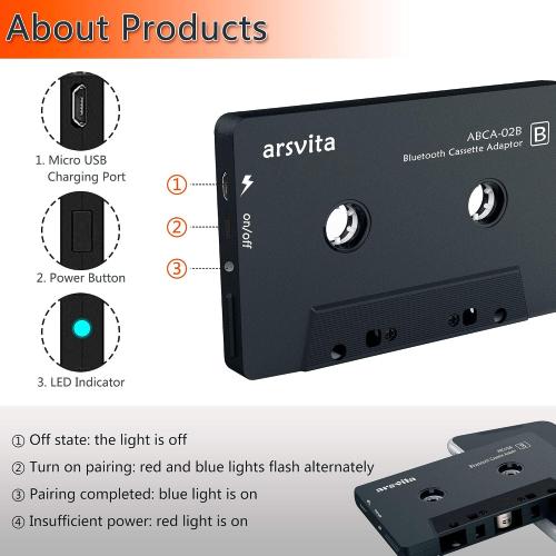 Arsvita Car Audio Bluetooth Wireless Cassette Adapter, Black | Tape Player Bluetooth 5.0 Cassette Aux Adapter