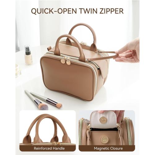Prite Large Makeup Bag, Waterproof Travel Cosmetic Case with Brush Holder