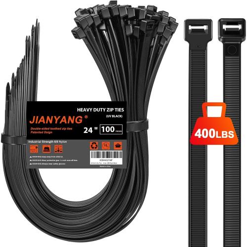 Long Zip Ties Heavy Duty 24 inch，400 LBS Tensile Strength With Double Sided Toothed Super Durable Cable Ties ，Extra Large Wire Ties Adjustable Nylon Tie Wraps for Indoor Outdoor （100 Pack Black）