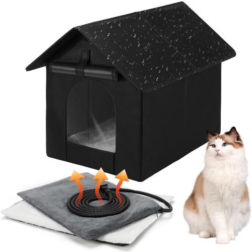 Heated Outdoor Cat House Double Door Heater Cats Shelter, Weatherproof Foldable Heat Kitty House with Kitten Heating Pad Bed for Feral Barn Cat Puppy Outside Pets in Winter