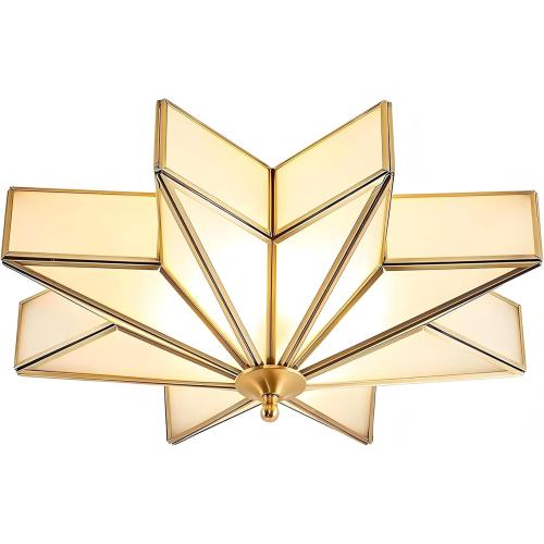 LIGHTLAND 19.7 Inch Flush Mount Star Ceiling Light, 4 Lights Brass Ceiling Lamp with Glass Lampshade, Art Deco Close to Ceiling Light Fixtures for Bedroom Living Room Entryway Hallway, Gold