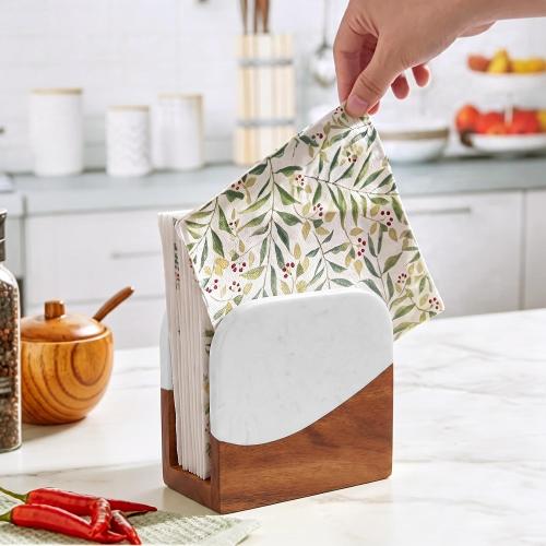 Havawish Acacia Wood Marble Napkin Holder, Trapezoid, White on Top