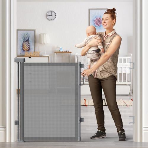 Retractable Baby Gate for Stairs, 55 Wide Mesh Dog Gate Indoor, 34 Tall Child Gate for Doorways, Hallways, Deck, Indoor Outdoor Pet Baby Safety Essentials for Home, Grey