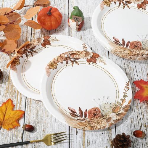Fall Boho Floral Paper Plates, 9 Inch Autumn Flower Oval Disposable Plates