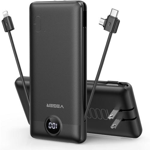 VEGER Portable Charger with Built-in AC Plug and Cables, All in One 10000mAh Ultra Slim Power Bank Travel Essentials, Fast Charging Battery Pack Compatible with iPhone, Samsung, Android (White**)