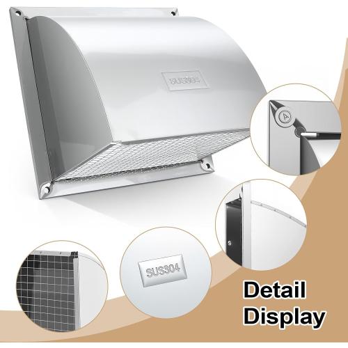 304 Stainless Steel Outdoor Wall Vent Cover, Exterior Dryer Vent Outlet Grille Louvered Duct Ventilation with Mesh Screen and Tool for Storage Room, Kitchen and Bathroom，12x12