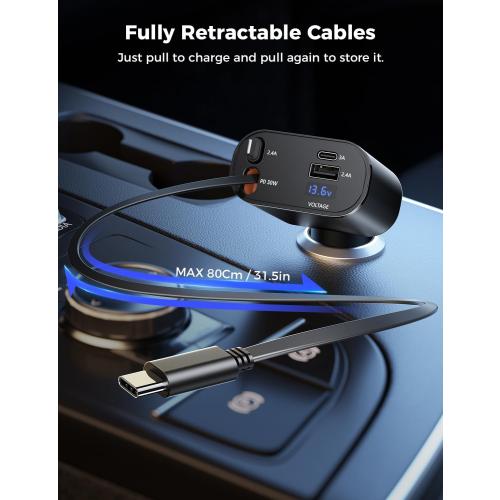SUPERONE Retractable Car Charger, 4-in-1 Fast Phone Charger Adapter