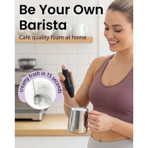 Milk Frother Wand & Electric Stirrer with Stand - Turbo Coffee & Milk Frother Handheld - Hand Held Coffee Mixer Wand & Cold Foam Maker for Frothy Cappuccinos, Lattes & Drink Mixes at Home (Black)