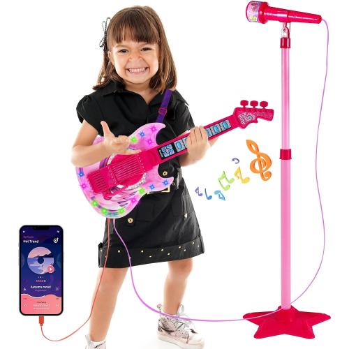 Guitar and Microphone Play Set for Girls,Karaoke Machine with Music&Light,Microphone Toys with Stand,Adjustable Height Guitar Toys for Kids,Toddlers,Child(Red)