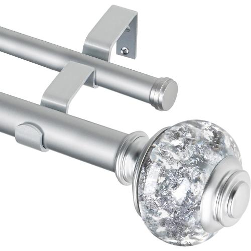 1 Inch Double Curtain Rods 72 to 144 Inches (6 to 12 ft), USFOOK Silver Drapery Rods for Windows, Telescoping Dual Curtain Rod with Translucent Finials, Decoration for Home