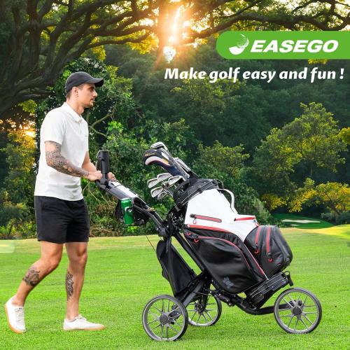 EASEGO Golf Push Cart 3 Wheel : Golf Bag Cart Foldable with Phone Holder/Cup/Umbrella Holder Compact Golf Pull Carts Quick Fold Golf Caddy Push Carts with Large Wheelbase for Different Terrain