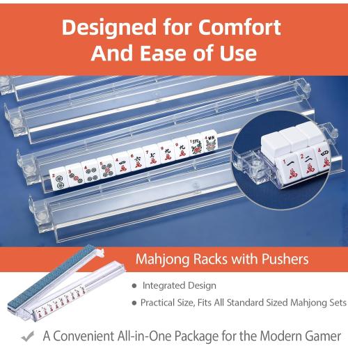 Mahjong All-in-One Tile Rack & Pusher, Clear Acrylic Mahjong Rack and Pusher Combo, Modern American Majiang Tile Racks Set of 4 (Clear)