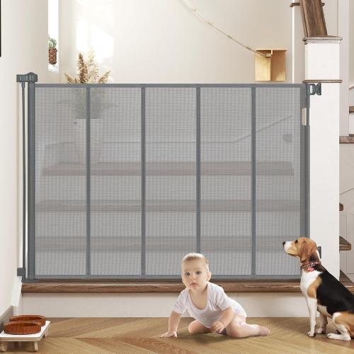 47” Extra Tall Retractable Baby Gate, Reinforced Mesh Dog Gate Extends to 59 Wide, Baby Gate for Stairs, Doorways, Hallways, Indoor and Outdoor, Grey