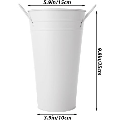 MIVIDE 6 Pack White Flower Buckets, 9.8 Inch Galvanized Metal Vases for Flowers, Flower Bucket with Handles, Farmhouse Vases for Wedding, Balcony Garden, Home Decor