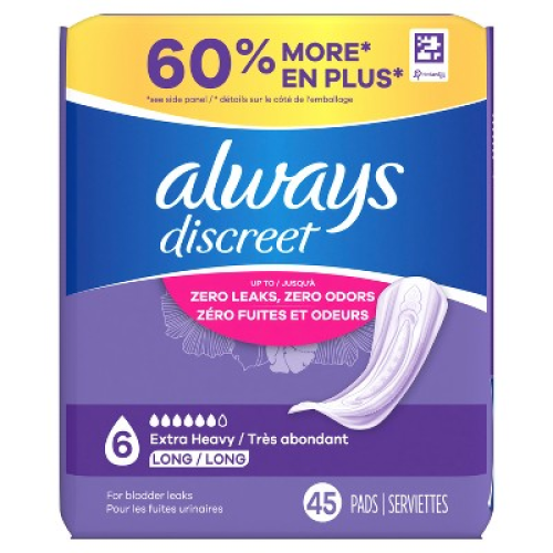 Always Discreet Incontinence and Postpartum Incontinence Pads for Women - Extra Heavy Absorbency - Long Length - 45ct