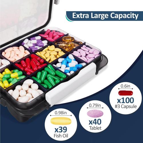 Fullicon Moisture Proof Travel Pill Organizer, 12 Large Compartments, Black