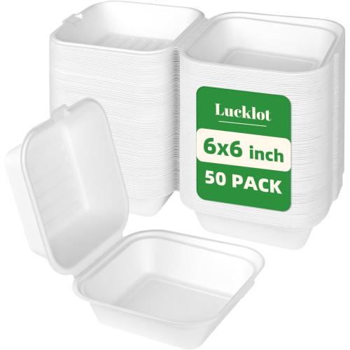 Lucklot 50 Pack 6×6 Inch White Compostable Bagasse Take Out Food Containers