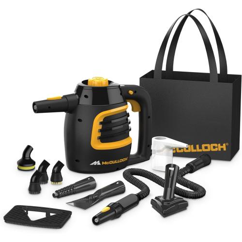 McCulloch MC1230 Handheld Steam Cleaner, 10 Minute Runtime, 11 Accessories: Jet Nozzle, Brushes, & More - Built for Home, Tile, Grout, Carpet, Furniture, & Personal Car Detailing