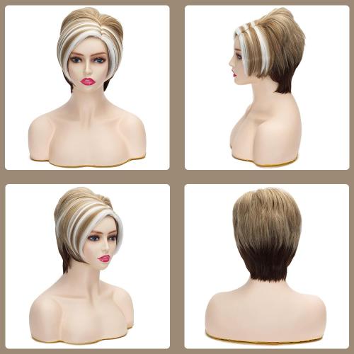 Coraline Short Pixie Wig Blonde Mixed Vintage Women Updo Bob Sythetic Realistic Party Wig