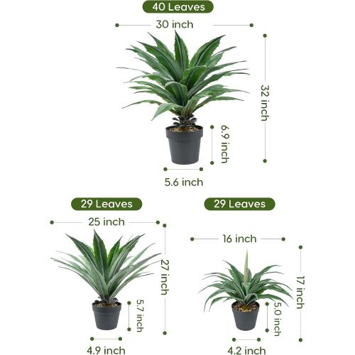 Velener Artificial Agave Plant in Black Pot with Real Stone Pebbles, Large Fake Agave Plants with Green Serrated Leaves, Faux Yucca for Indoor and Outdoor Decor-17 Inches Tall, 29 Leaves