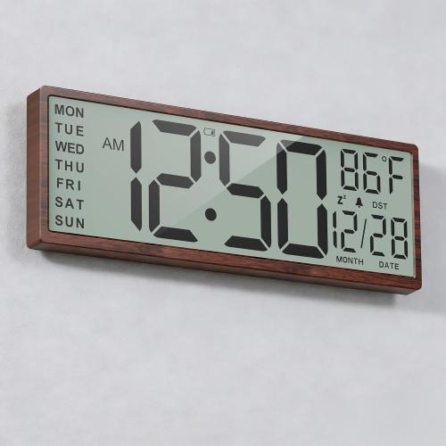 15 Large Digital Wall Clock Battery Operated Wood, Clock with Large Display Numbers, Calendar, Auto DST, Clocks for Living Room, Kitchen, Office, Bedroom