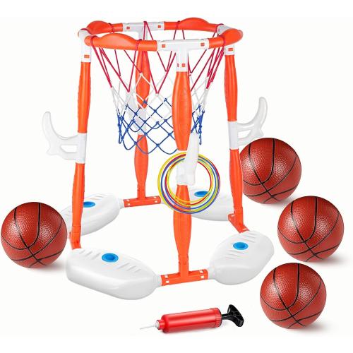 Pool Basketball Hoop, 2-in-1 Floating Pool Toys 360° Shooting Ring Toss Games with 4 Balls 12 Rings & Pump, Indoor Outdoor Swimming Pools Basketball Water Play Toy for 4-8 8-12 Kids Adults