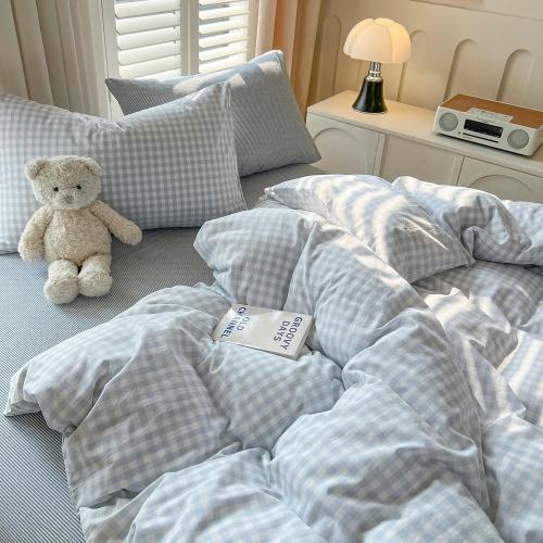 LifeTB Blue Gingham Comforter Set Queen Size Modern Style Plaid Checkered Comforter with 2 Pillowcases Fluffy Soft Grid Bedding Set Farmhouse Gingham Bedding Comforter Set for All Seasons