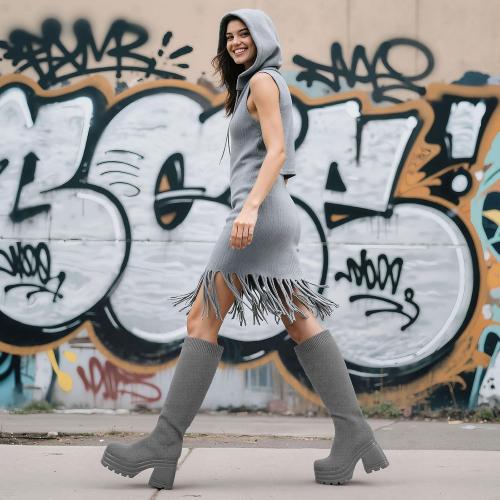 SIZE 7.5 CELNEPHO Women Knee High Boots Knit Sock Chunky Heel Platform Tall Boots