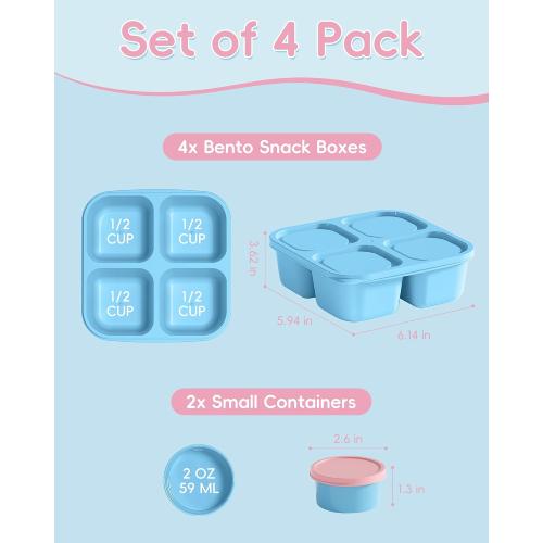 Canfanni 4 Pcs Snack Box Containers Set, Reusable 4 Compartment Lunchable Container with 2Pcs Sauce Containers, Stackable BPA-Free Bento Box for School, Work, Travel (4 Color)