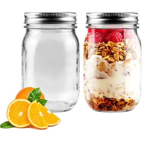 Showvigor 2 Pack Regular Mouth Mason Jars 16oz Glass Canning Jars with Airtight Lids for Preserving, Jam, Honey, Jelly, Wedding Favors, Sauces, Meal Prep, Overnight Oats, Salad